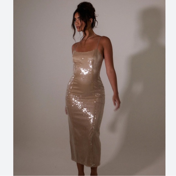 **SOLD** SLA THE LABEL Nude Lyra Sequin Midi Dress NWT - Picture 1 of 7